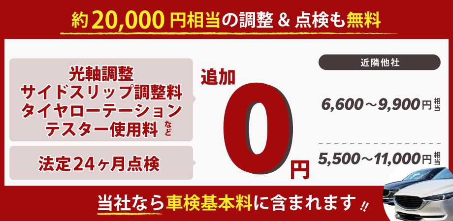 車検のコバック行方麻生店、潮来ラ・ラ・ルー店の車検は、約20,000円相当の点検も無料！/光軸調整・サイドスリップ調整料・エアコンフィルター点検・バッテリー点検料、法定24カ月点検が追加0円で無料！車検基本料に含まれます。